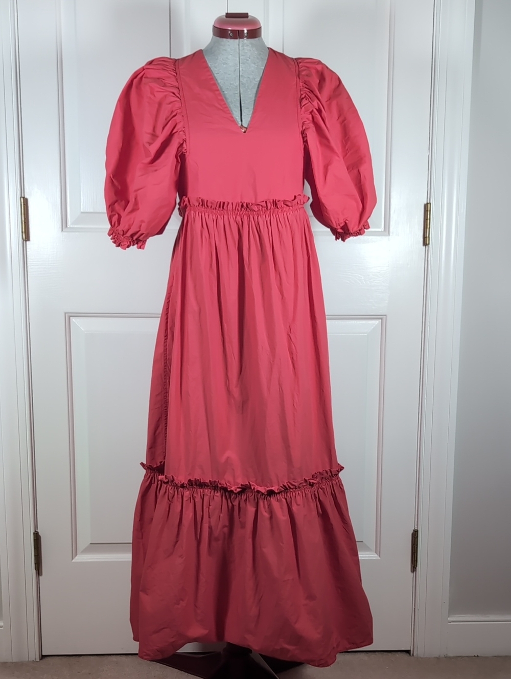 Hunter Bell Palmer Dress Coral Red V-Neck Puff Sleeve Cotton Boho Maxi Dress